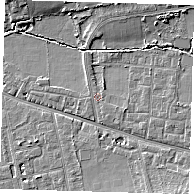 Shaded relief map of the ground around SE128HE, computed from Environment Agency LiDAR. The ground here sits at about 19 m above sea level and falls 9 m across the surrounding 800 m. Surface water reaching this point runs off ground lying to the east, 0.8 m higher.