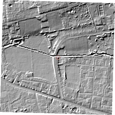 Shaded relief map of the ground around SE128HF, computed from Environment Agency LiDAR. The ground here sits at about 19 m above sea level and falls 13 m across the surrounding 800 m. Surface water reaching this point runs off ground lying to the north-east, 11.1 m higher.