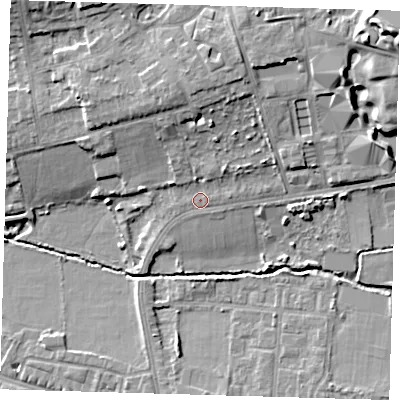 Shaded relief map of the ground around SE128HG, computed from Environment Agency LiDAR. The ground here sits at about 21 m above sea level and falls 19 m across the surrounding 800 m. Surface water reaching this point runs off ground lying to the north-north-east, 7.9 m higher.
