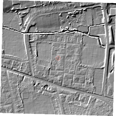 Shaded relief map of the ground around SE128JB, computed from Environment Agency LiDAR. The ground here sits at about 20 m above sea level and falls 10 m across the surrounding 800 m. Surface water reaching this point runs off ground lying to the east-south-east, 0.7 m higher.