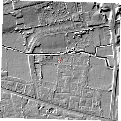 Shaded relief map of the ground around SE128JE, computed from Environment Agency LiDAR. The ground here sits at about 19 m above sea level and falls 16 m across the surrounding 800 m. Surface water reaching this point runs off ground lying to the east, 3.6 m higher.