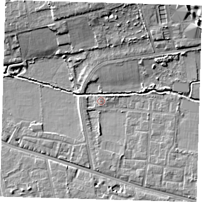 Shaded relief map of the ground around SE128JF, computed from Environment Agency LiDAR. The ground here sits at about 19 m above sea level and falls 13 m across the surrounding 800 m. Surface water reaching this point runs off ground lying to the south-east, 3.5 m higher.