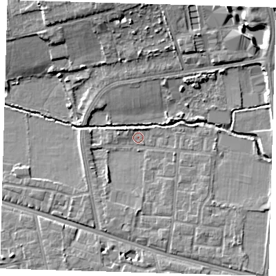 Shaded relief map of the ground around SE128JG, computed from Environment Agency LiDAR. The ground here sits at about 19 m above sea level and falls 13 m across the surrounding 800 m. Surface water reaching this point runs off ground lying to the east-south-east, 3.6 m higher.