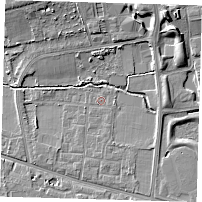 Shaded relief map of the ground around SE128JH, computed from Environment Agency LiDAR. The ground here sits at about 20 m above sea level and falls 16 m across the surrounding 800 m. Surface water reaching this point runs off ground lying to the east-south-east, 3.1 m higher.