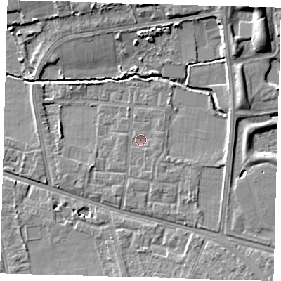 Shaded relief map of the ground around SE128JJ, computed from Environment Agency LiDAR. The ground here sits at about 20 m above sea level and falls 12 m across the surrounding 800 m. Surface water reaching this point runs off ground lying to the south-south-east, 1.0 m higher.