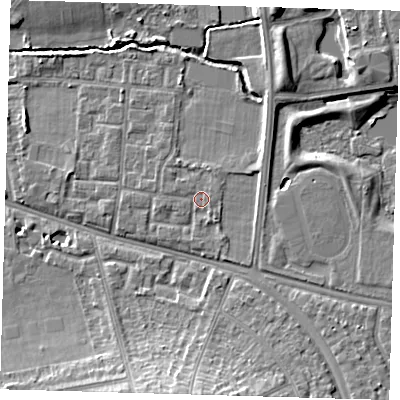 Shaded relief map of the ground around SE128JP, computed from Environment Agency LiDAR. The ground here sits at about 21 m above sea level and falls 11 m across the surrounding 800 m. Surface water reaching this point runs off ground lying to the south-south-east, 1.2 m higher.