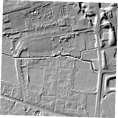 Shaded relief map of the ground around SE128JQ, computed from Environment Agency LiDAR. The ground here sits at about 19 m above sea level and falls 16 m across the surrounding 800 m. Surface water reaching this point runs off ground lying to the east-south-east, 3.4 m higher.