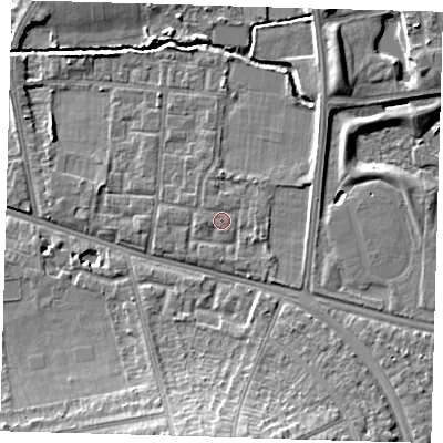 Shaded relief map of the ground around SE128JR, computed from Environment Agency LiDAR. The ground here sits at about 21 m above sea level and falls 12 m across the surrounding 800 m. Surface water reaching this point runs off ground lying to the south-east, 1.2 m higher.