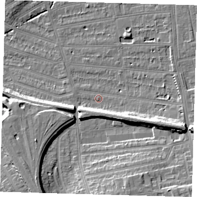 Shaded relief map of the ground around SE128LJ, computed from Environment Agency LiDAR. The ground here sits at about 16 m above sea level and falls 15 m across the surrounding 800 m. Surface water reaching this point runs off ground lying to the south-west, 11.6 m higher.