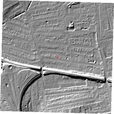 Shaded relief map of the ground around SE128LL, computed from Environment Agency LiDAR. The ground here sits at about 15 m above sea level and falls 15 m across the surrounding 800 m. Surface water reaching this point runs off ground lying to the south-west, 12.1 m higher.