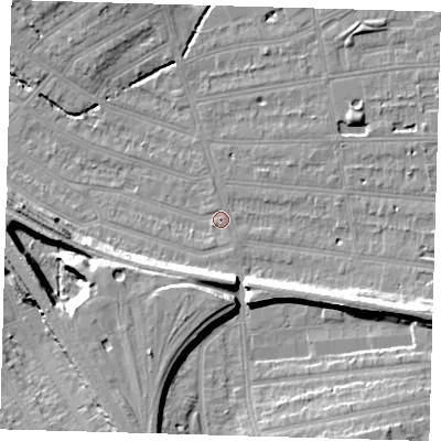 Shaded relief map of the ground around SE128LP, computed from Environment Agency LiDAR. The ground here sits at about 15 m above sea level and falls 16 m across the surrounding 800 m. Surface water reaching this point runs off ground lying to the south-south-east, 0.7 m higher.