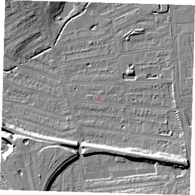Shaded relief map of the ground around SE128LU, computed from Environment Agency LiDAR. The ground here sits at about 16 m above sea level and falls 15 m across the surrounding 800 m. Surface water reaching this point runs off ground lying to the east, 2.9 m higher.