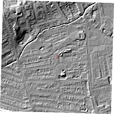 Shaded relief map of the ground around SE128NB, computed from Environment Agency LiDAR. The ground here sits at about 16 m above sea level and falls 10 m across the surrounding 800 m. Surface water reaching this point runs off ground lying to the east-north-east, 1.5 m higher.
