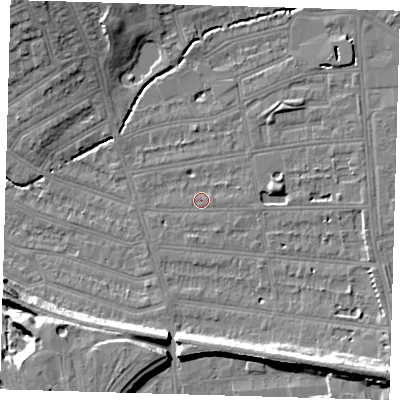 Shaded relief map of the ground around SE128NR, computed from Environment Agency LiDAR. The ground here sits at about 15 m above sea level and falls 14 m across the surrounding 800 m. Surface water reaching this point runs off ground lying to the east-north-east, 1.3 m higher.