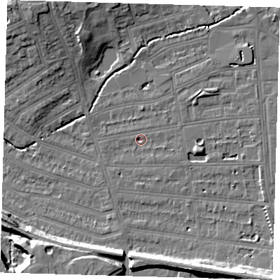 Shaded relief map of the ground around SE128NT, computed from Environment Agency LiDAR. The ground here sits at about 14 m above sea level and falls 14 m across the surrounding 800 m. Surface water reaching this point runs off ground lying to the east, 3.2 m higher.