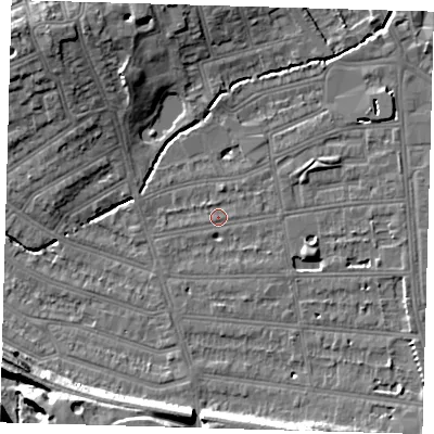 Shaded relief map of the ground around SE128NU, computed from Environment Agency LiDAR. The ground here sits at about 15 m above sea level and falls 14 m across the surrounding 800 m. Surface water reaching this point runs off ground lying to the east-south-east, 3.2 m higher.