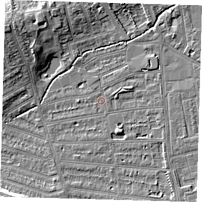 Shaded relief map of the ground around SE128NX, computed from Environment Agency LiDAR. The ground here sits at about 16 m above sea level and falls 11 m across the surrounding 800 m. Surface water reaching this point runs off ground lying to the west-south-west, 0.7 m higher.