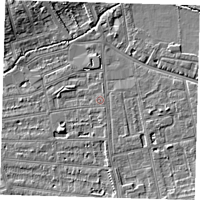 Shaded relief map of the ground around SE128NY, computed from Environment Agency LiDAR. The ground here sits at about 17 m above sea level and falls 8 m across the surrounding 800 m. Surface water reaching this point runs off ground lying to the east-south-east, 0.5 m higher.