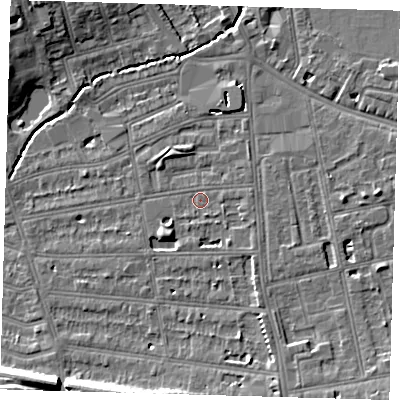 Shaded relief map of the ground around SE128NZ, computed from Environment Agency LiDAR. The ground here sits at about 16 m above sea level and falls 12 m across the surrounding 800 m. Surface water reaching this point runs off ground lying to the south-east, 1.6 m higher.