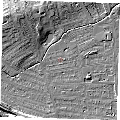 Shaded relief map of the ground around SE128PA, computed from Environment Agency LiDAR. The ground here sits at about 15 m above sea level and falls 13 m across the surrounding 800 m. Surface water reaching this point runs off ground lying to the east, 1.5 m higher.