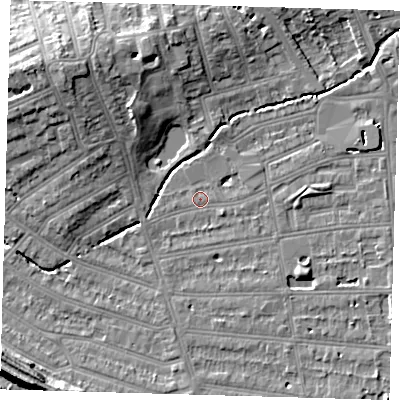 Shaded relief map of the ground around SE128PB, computed from Environment Agency LiDAR. The ground here sits at about 15 m above sea level and falls 12 m across the surrounding 800 m. Surface water reaching this point runs off ground lying to the east-north-east, 1.4 m higher.