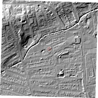 Shaded relief map of the ground around SE128PD, computed from Environment Agency LiDAR. The ground here sits at about 16 m above sea level and falls 12 m across the surrounding 800 m. Surface water reaching this point runs off ground lying to the east-north-east, 3.4 m higher.