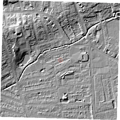 Shaded relief map of the ground around SE128PE, computed from Environment Agency LiDAR. The ground here sits at about 16 m above sea level and falls 10 m across the surrounding 800 m. Surface water reaching this point runs off ground lying to the east-south-east, 4.1 m higher.