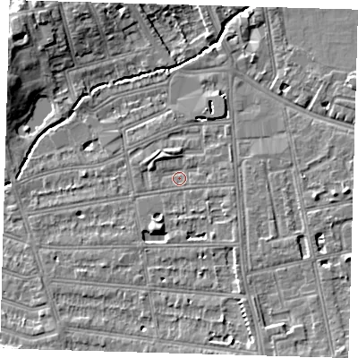 Shaded relief map of the ground around SE128PH, computed from Environment Agency LiDAR. The ground here sits at about 16 m above sea level and falls 10 m across the surrounding 800 m. Surface water reaching this point runs off ground lying to the east-north-east, 1.5 m higher.