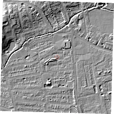 Shaded relief map of the ground around SE128PJ, computed from Environment Agency LiDAR. The ground here sits at about 16 m above sea level and falls 10 m across the surrounding 800 m. Surface water reaching this point runs off ground lying to the north-east, 1.9 m higher.