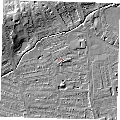 Shaded relief map of the ground around SE128PL, computed from Environment Agency LiDAR. The ground here sits at about 16 m above sea level and falls 10 m across the surrounding 800 m. Surface water reaching this point runs off ground lying to the north-east, 3.4 m higher.