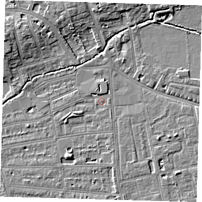 Shaded relief map of the ground around SE128PQ, computed from Environment Agency LiDAR. The ground here sits at about 16 m above sea level and falls 8 m across the surrounding 800 m. Surface water reaching this point runs off ground lying to the west-south-west, 1.6 m higher.
