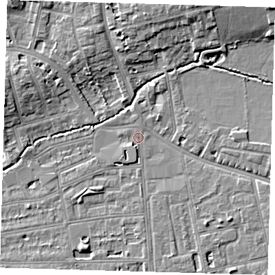 Shaded relief map of the ground around SE128PZ, computed from Environment Agency LiDAR. The ground here sits at about 16 m above sea level and falls 11 m across the surrounding 800 m. Surface water reaching this point runs off ground lying to the south-east, 4.3 m higher.
