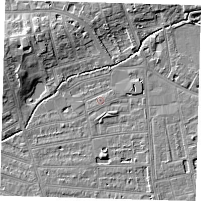 Shaded relief map of the ground around SE128QB, computed from Environment Agency LiDAR. The ground here sits at about 16 m above sea level and falls 10 m across the surrounding 800 m. Surface water reaching this point runs off ground lying to the east, 1.0 m higher.