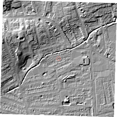 Shaded relief map of the ground around SE128QE, computed from Environment Agency LiDAR. The ground here sits at about 15 m above sea level and falls 10 m across the surrounding 800 m. Surface water reaching this point runs off ground lying to the south-east, 3.7 m higher.