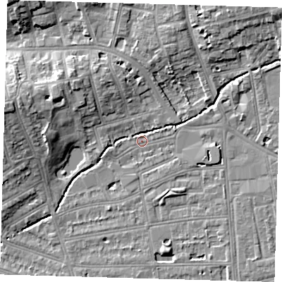 Shaded relief map of the ground around SE128QF, computed from Environment Agency LiDAR. The ground here sits at about 15 m above sea level and falls 11 m across the surrounding 800 m. Surface water reaching this point runs off ground lying to the north-east, 7.8 m higher.