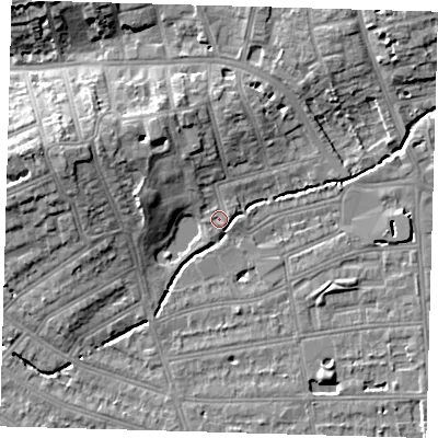 Shaded relief map of the ground around SE128QG, computed from Environment Agency LiDAR. The ground here sits at about 16 m above sea level and falls 12 m across the surrounding 800 m. Surface water reaching this point runs off ground lying to the north-north-west, 4.8 m higher.