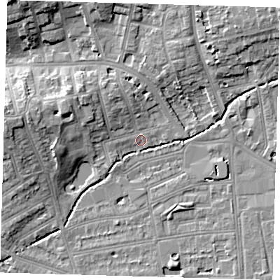 Shaded relief map of the ground around SE128QJ, computed from Environment Agency LiDAR. The ground here sits at about 16 m above sea level and falls 16 m across the surrounding 800 m. Surface water reaching this point runs off ground lying to the north-east, 9.0 m higher.