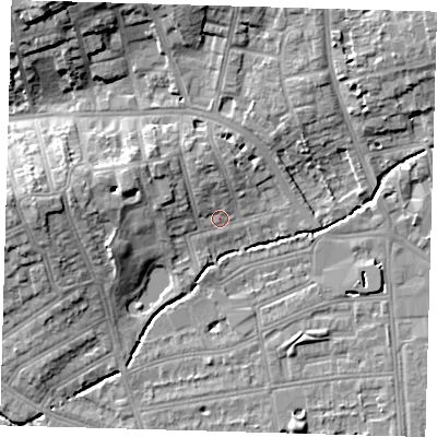 Shaded relief map of the ground around SE128QL, computed from Environment Agency LiDAR. The ground here sits at about 16 m above sea level and falls 17 m across the surrounding 800 m. Surface water reaching this point runs off ground lying to the north-west, 5.0 m higher.
