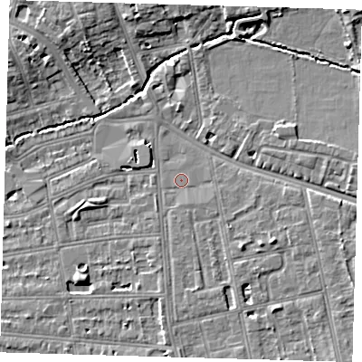Shaded relief map of the ground around SE128RG, computed from Environment Agency LiDAR. The ground here sits at about 17 m above sea level and falls 7 m across the surrounding 800 m. Surface water reaching this point runs off ground lying to the east-south-east, 3.0 m higher.