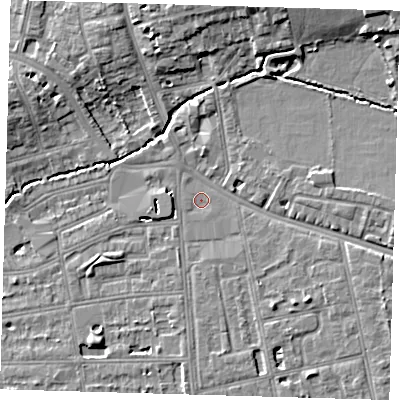 Shaded relief map of the ground around SE128RN, computed from Environment Agency LiDAR. The ground here sits at about 17 m above sea level and falls 8 m across the surrounding 800 m. Surface water reaching this point runs off ground lying to the south-east, 0.5 m higher.