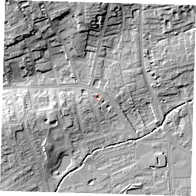 Shaded relief map of the ground around SE128RS, computed from Environment Agency LiDAR. The ground here sits at about 17 m above sea level and falls 19 m across the surrounding 800 m. Surface water reaching this point runs off ground lying to the south-south-west, 2.2 m higher.