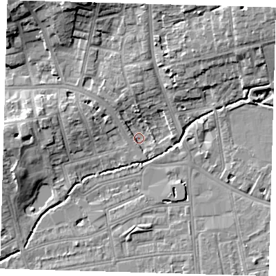 Shaded relief map of the ground around SE128RU, computed from Environment Agency LiDAR. The ground here sits at about 15 m above sea level and falls 14 m across the surrounding 800 m. Surface water reaching this point runs off ground lying to the north-north-west, 4.0 m higher.