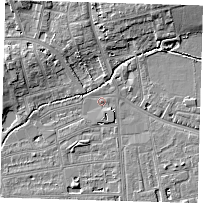 Shaded relief map of the ground around SE128RW, computed from Environment Agency LiDAR. The ground here sits at about 17 m above sea level and falls 10 m across the surrounding 800 m. Surface water reaching this point runs off ground lying to the south-east, 4.3 m higher.