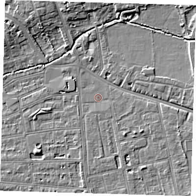 Shaded relief map of the ground around SE128SR, computed from Environment Agency LiDAR. The ground here sits at about 17 m above sea level and falls 6 m across the surrounding 800 m. Surface water reaching this point runs off ground lying to the south-east, 2.9 m higher.