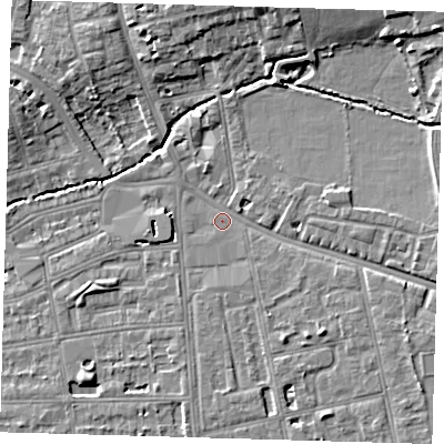 Shaded relief map of the ground around SE128SS, computed from Environment Agency LiDAR. The ground here sits at about 17 m above sea level and falls 9 m across the surrounding 800 m. Surface water reaching this point runs off ground lying to the east-south-east, 4.2 m higher.