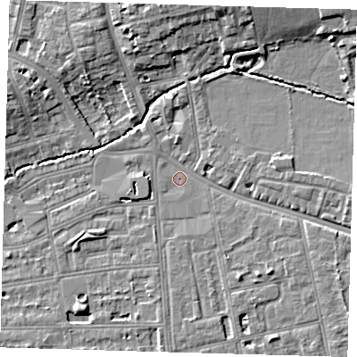 Shaded relief map of the ground around SE128TF, computed from Environment Agency LiDAR. The ground here sits at about 17 m above sea level and falls 8 m across the surrounding 800 m. Surface water reaching this point runs off ground lying to the east-south-east, 4.1 m higher.