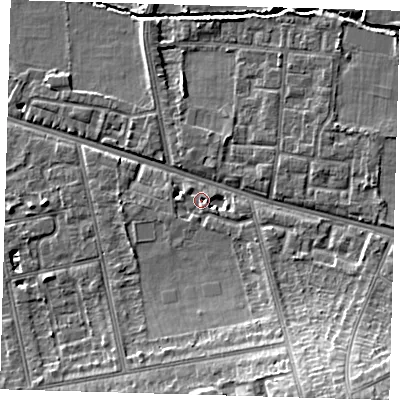 Shaded relief map of the ground around SE128UE, computed from Environment Agency LiDAR. The ground here sits at about 19 m above sea level and falls 16 m across the surrounding 800 m. Surface water reaching this point runs off ground lying to the east-south-east, 2.2 m higher.