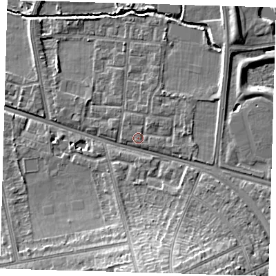 Shaded relief map of the ground around SE128UG, computed from Environment Agency LiDAR. The ground here sits at about 21 m above sea level and falls 15 m across the surrounding 800 m. Surface water reaching this point runs off ground lying to the north-east, 0.8 m higher.