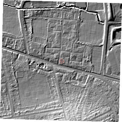 Shaded relief map of the ground around SE128UJ, computed from Environment Agency LiDAR. The ground here sits at about 21 m above sea level and falls 15 m across the surrounding 800 m. Surface water reaching this point runs off ground lying to the east-north-east, 1.5 m higher.