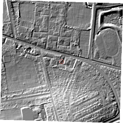Shaded relief map of the ground around SE128UP, computed from Environment Agency LiDAR. The ground here sits at about 21 m above sea level and falls 16 m across the surrounding 800 m. Surface water reaching this point runs off ground lying to the south-south-east, 1.6 m higher.